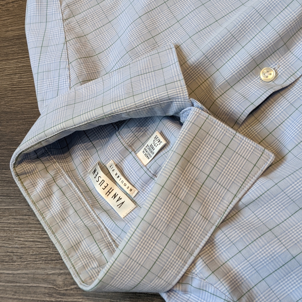 Van Heusen Regular Fit Button Down Long Sleeve Striped Plaid Shirt 17 1/2" Neck